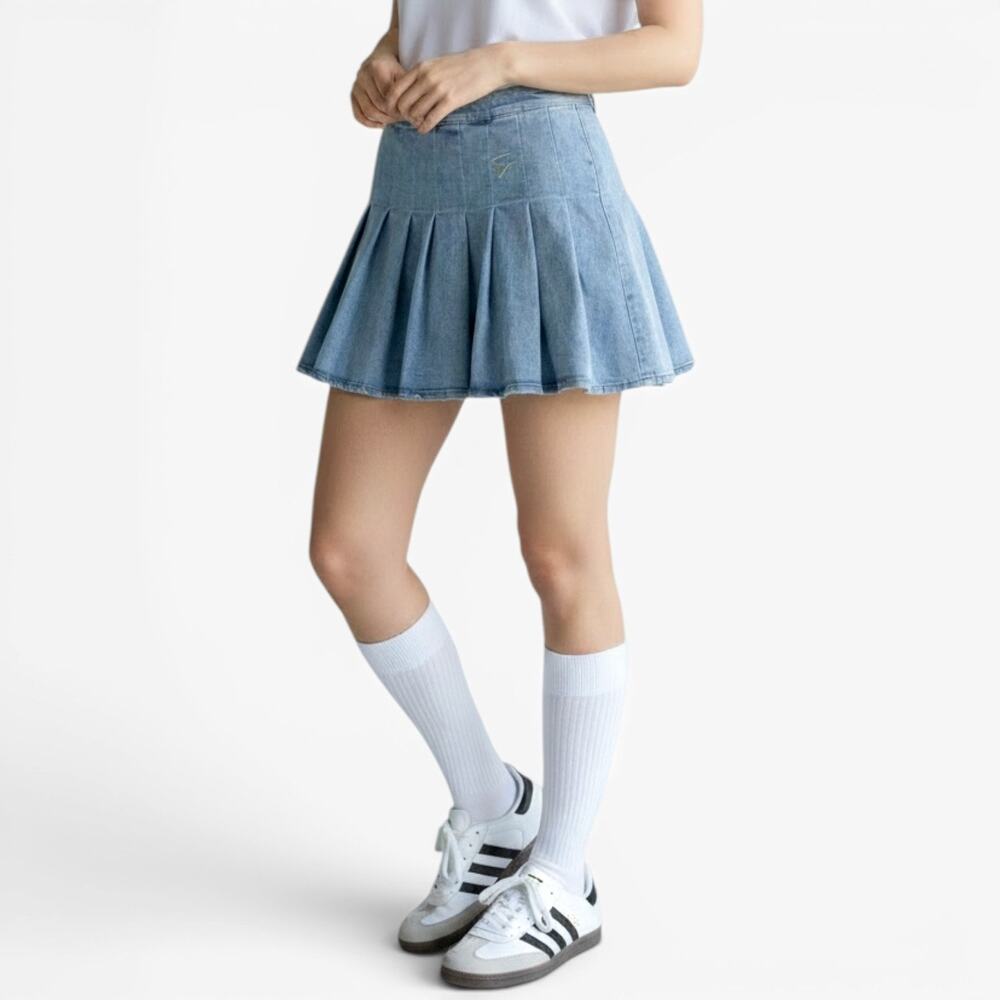 Shane Justin Y2K Denim Ruffle Pleated Mini Skirt Jean Coquette Streetwear Sz L